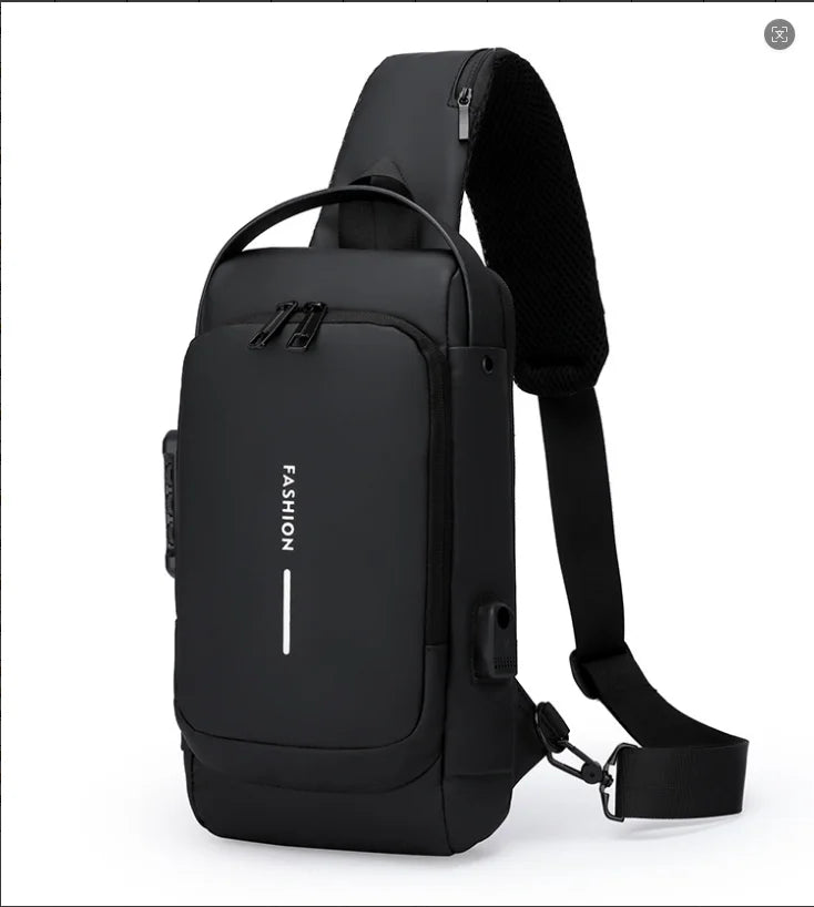 Men's Anti-Theft Chest Bag — Password Lock, USB Port & Waterproof Crossbody Sling