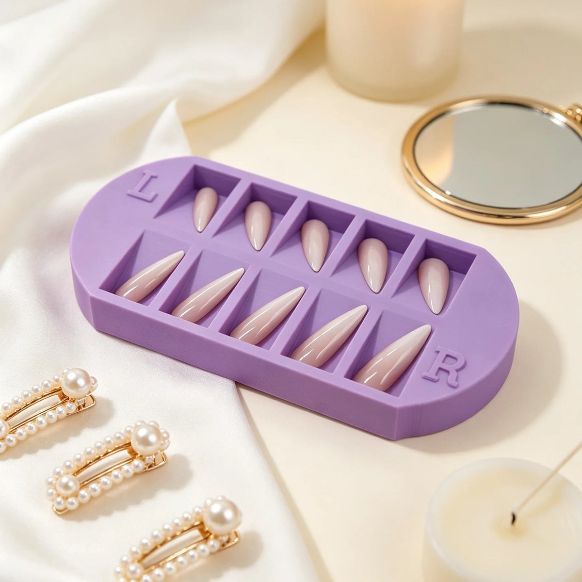 8-Grid Nail Tip Storage Tray with L/R Mark | Reusable False Nail Display Organizer for Salon & Home Manicure — Purple, Pink & Green