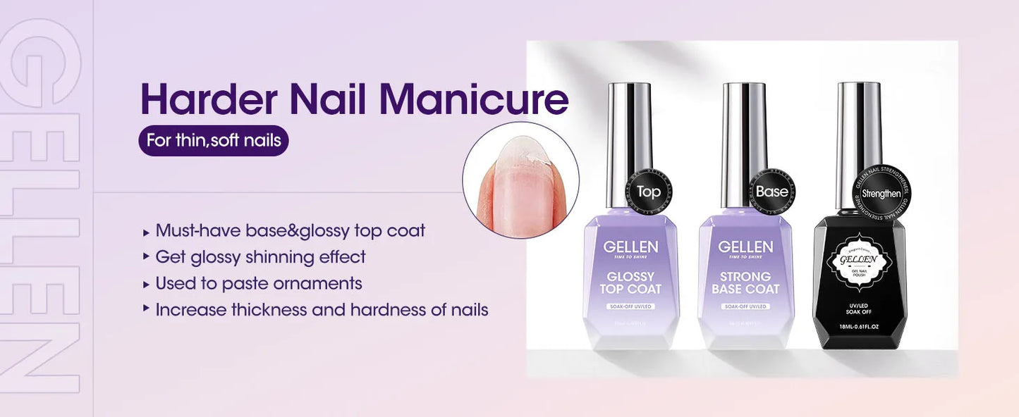GELLEN Professional Gel Nail Set — 18ml 4-Piece Base Coat, Top Coat & Strengthener Kit for Long-Lasting Manicures