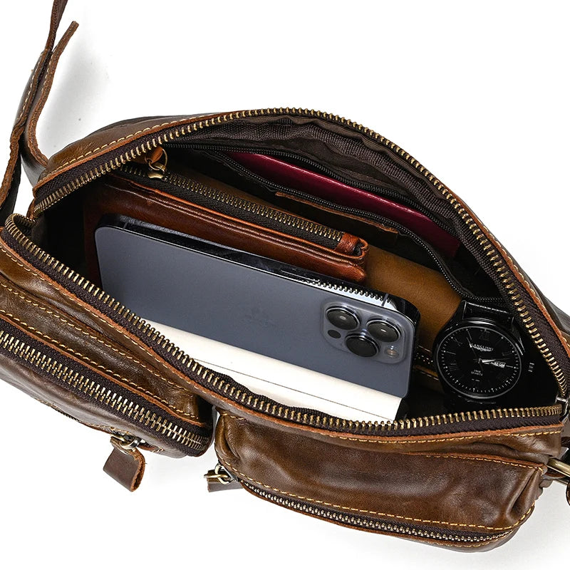 Newsbirds Men's Genuine Leather Chest Bag — Vintage Crossbody Sling & Outdoor Belt Pouch