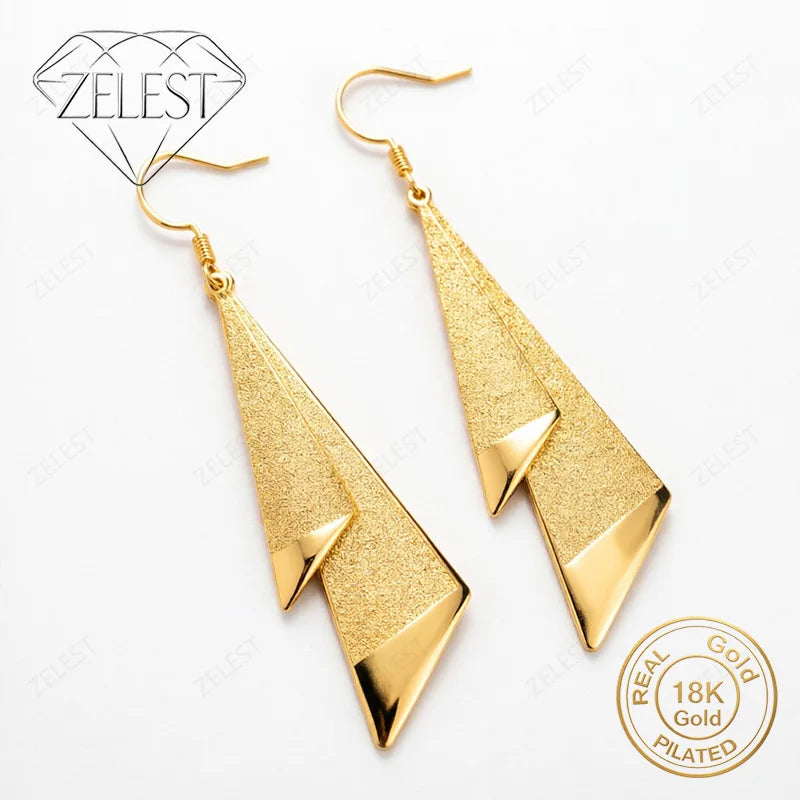 925 Sterling Silver Matte Geometric Drop Earrings – 18K Gold Plated Fine Jewelry
