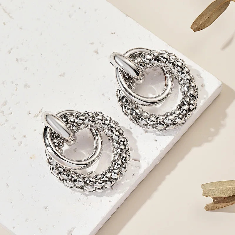 Big Shiny Double Ring Stud Earrings for Women – Bold Round Metal Drop Fashion Jewelry