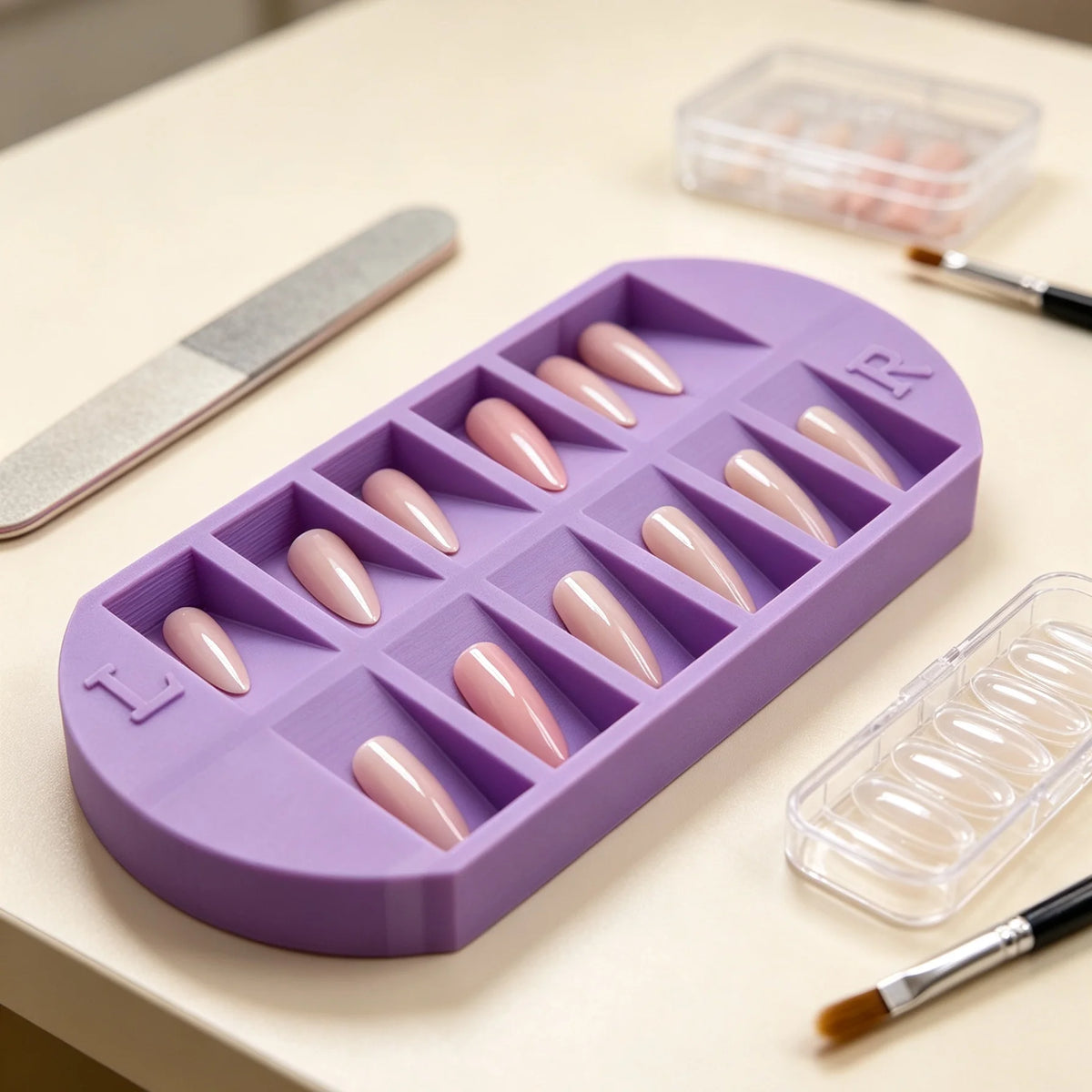 8-Grid Nail Tip Storage Tray with L/R Mark | Reusable False Nail Display Organizer for Salon & Home Manicure — Purple, Pink & Green