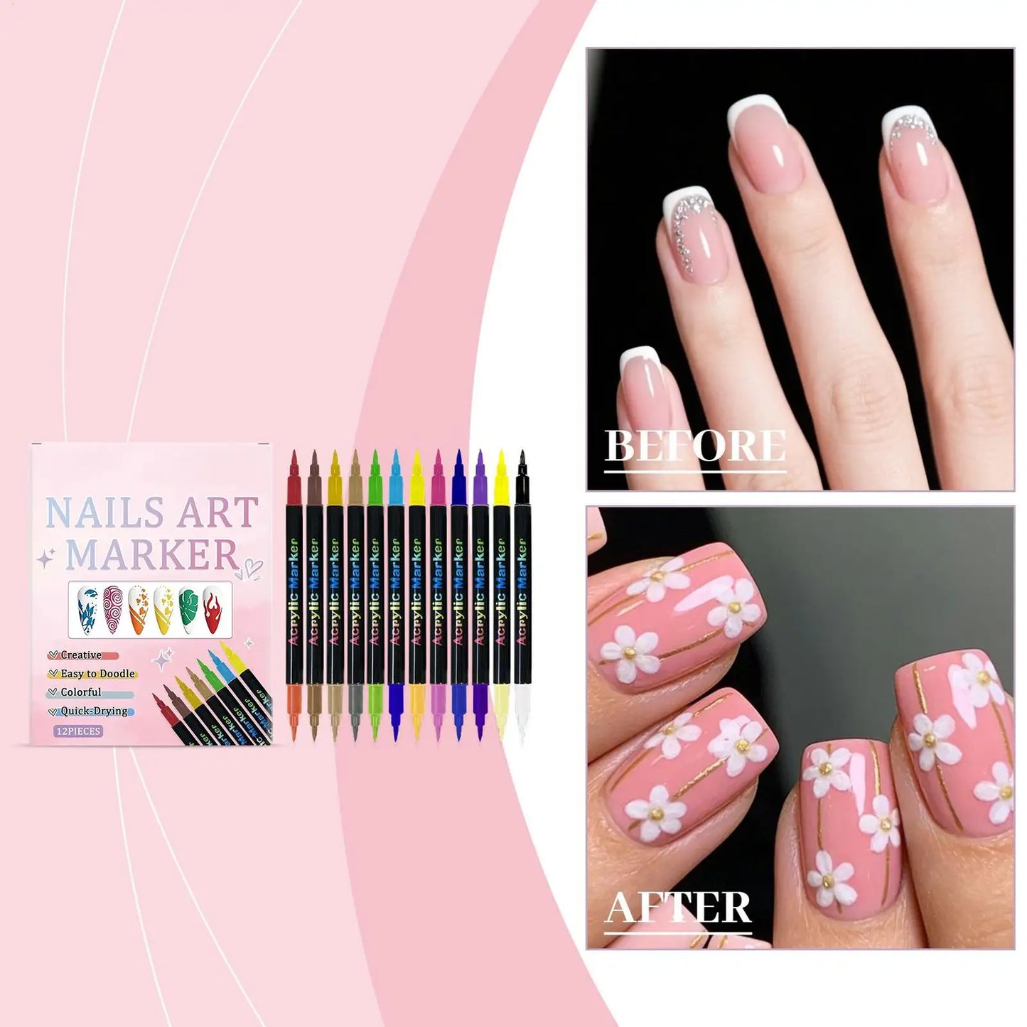 12 Colors Nail Polish Pens — Dual-Ended Quick Dry Nail Art Markers