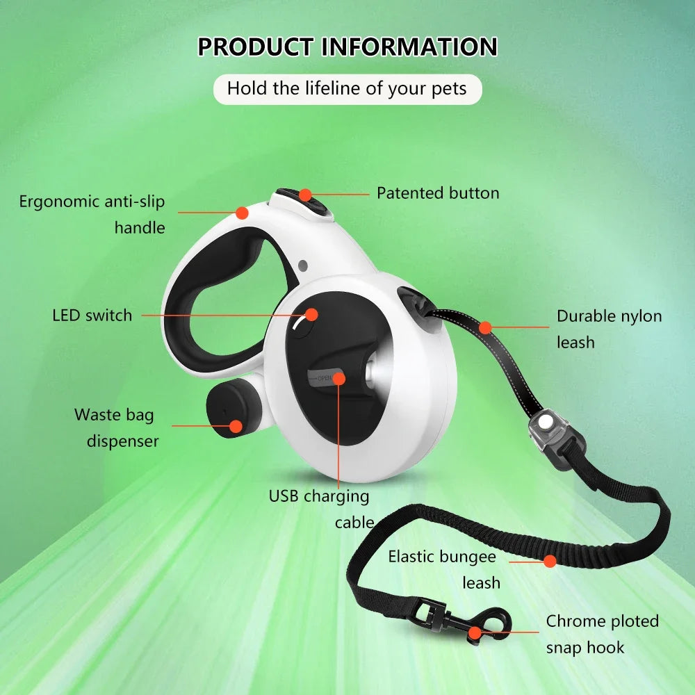 Led Light Up Pet Running Retractable Dog Leash  Automatic with Flashlight and Poop Bag Dispenser
