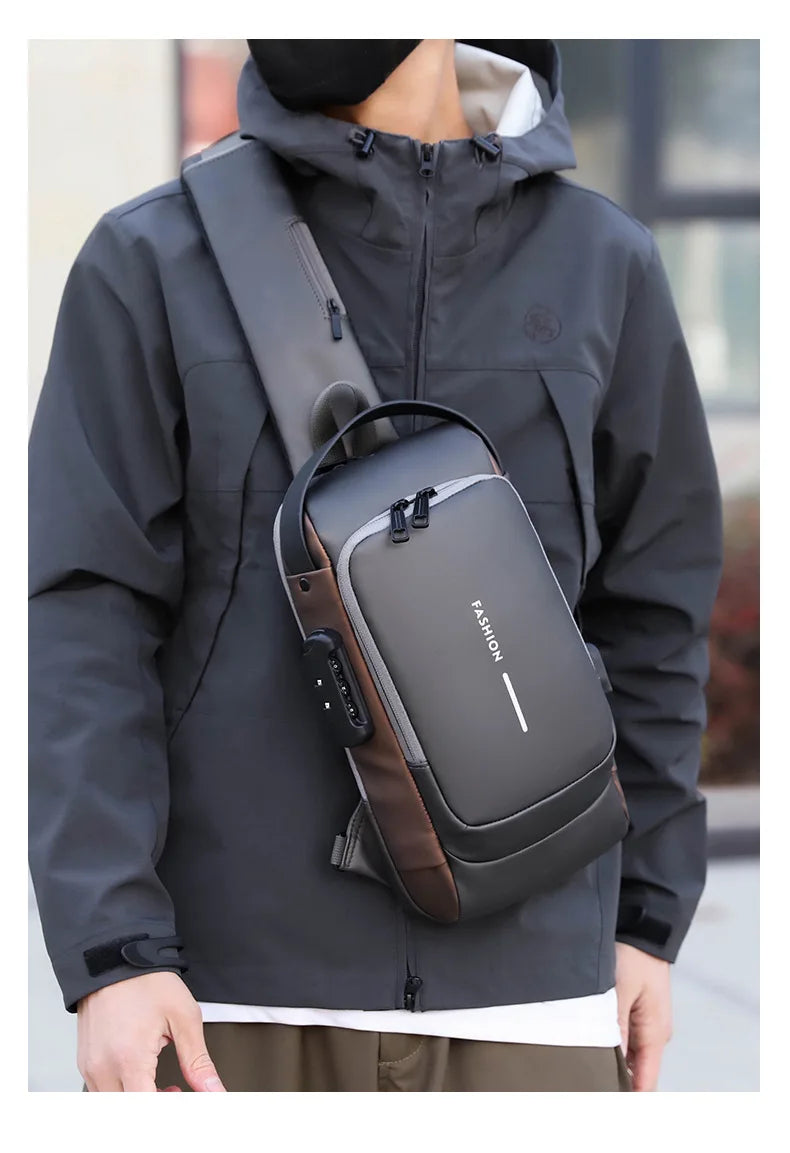 Men's Anti-Theft Chest Bag — Password Lock, USB Port & Waterproof Crossbody Sling