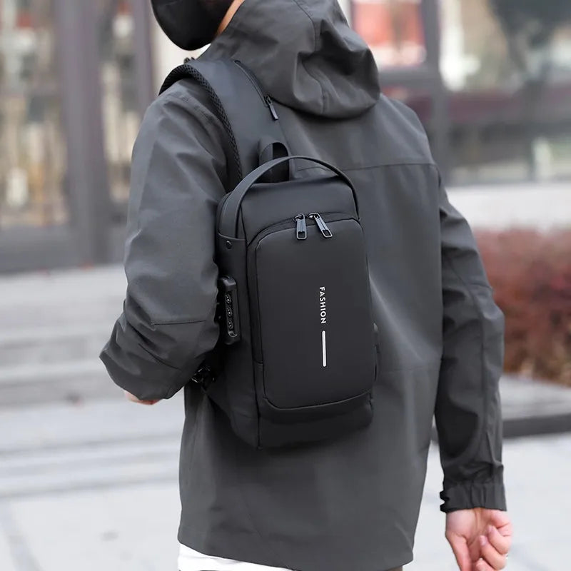 Men's Anti-Theft Chest Bag — Password Lock, USB Port & Waterproof Crossbody Sling