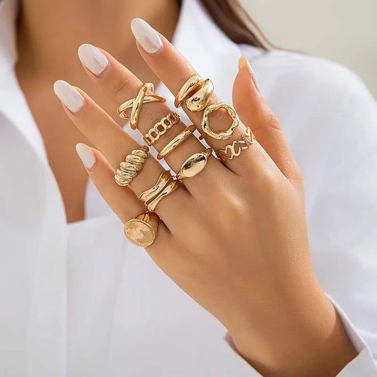 10-Piece Geometric Cuff Ring Set – Gold & Silver Adjustable Stacking Rings