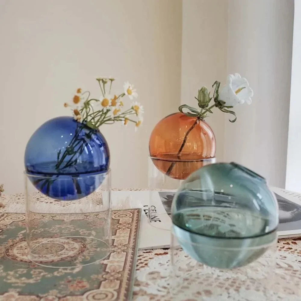 Nordic Colored Glass Decorative Vase Spherical Hydroponic Flower Planter for Home Desk Decor Modern Tabletop Flower Arrangement