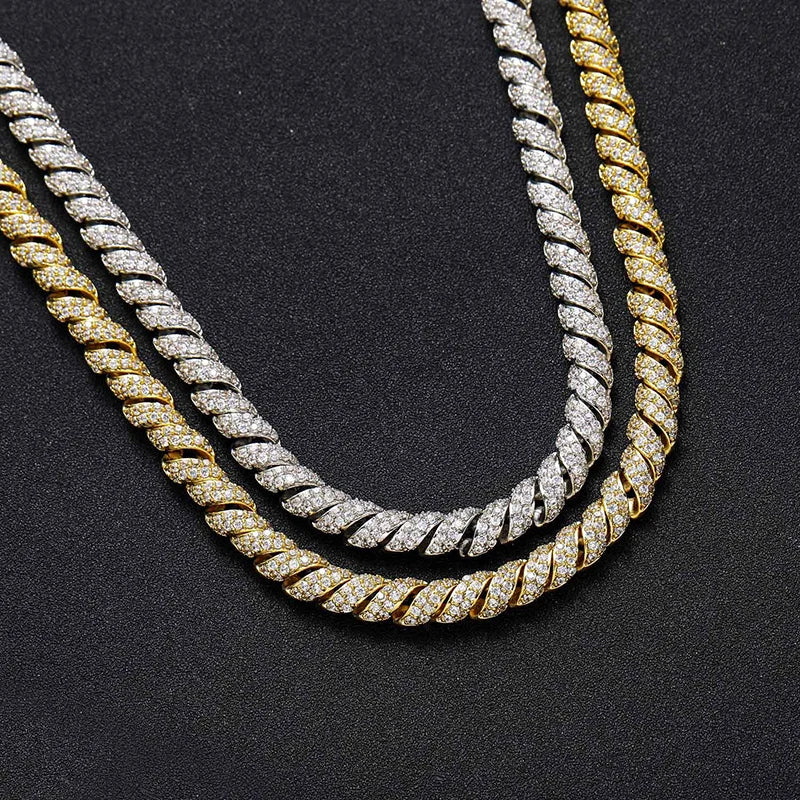 Hip Hop 5A+ CZ Stone Paved Bling Iced Out Twist Round Rope Link Chain Necklaces for Men Rapper Jewelry Gold Silver Color