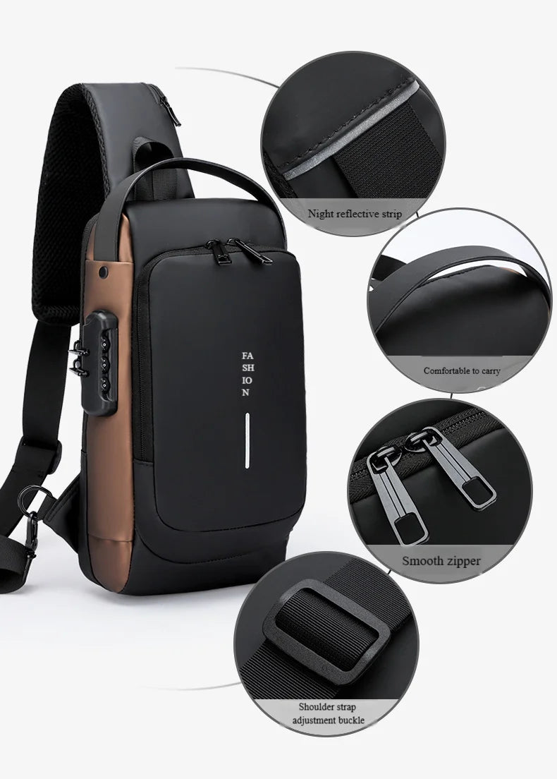 Men's Anti-Theft Chest Bag — Password Lock, USB Port & Waterproof Crossbody Sling