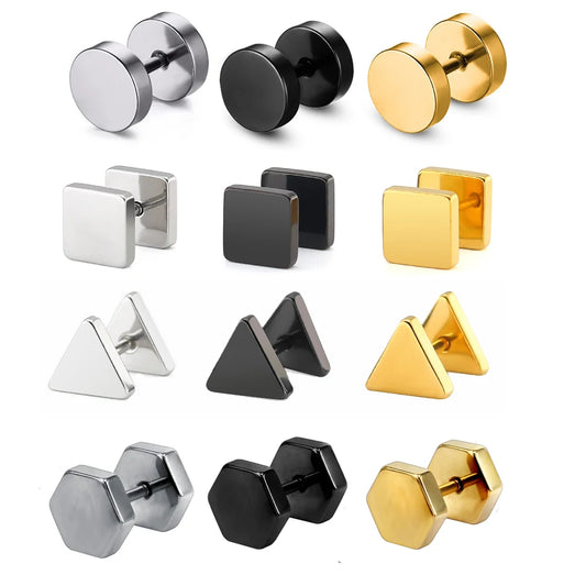 1 Pair Black Stainless Steel Round/Triangle/Square Stud Earrings For Women Dumbbell Pierceing Earrings Men Punk Fashion Jewelry