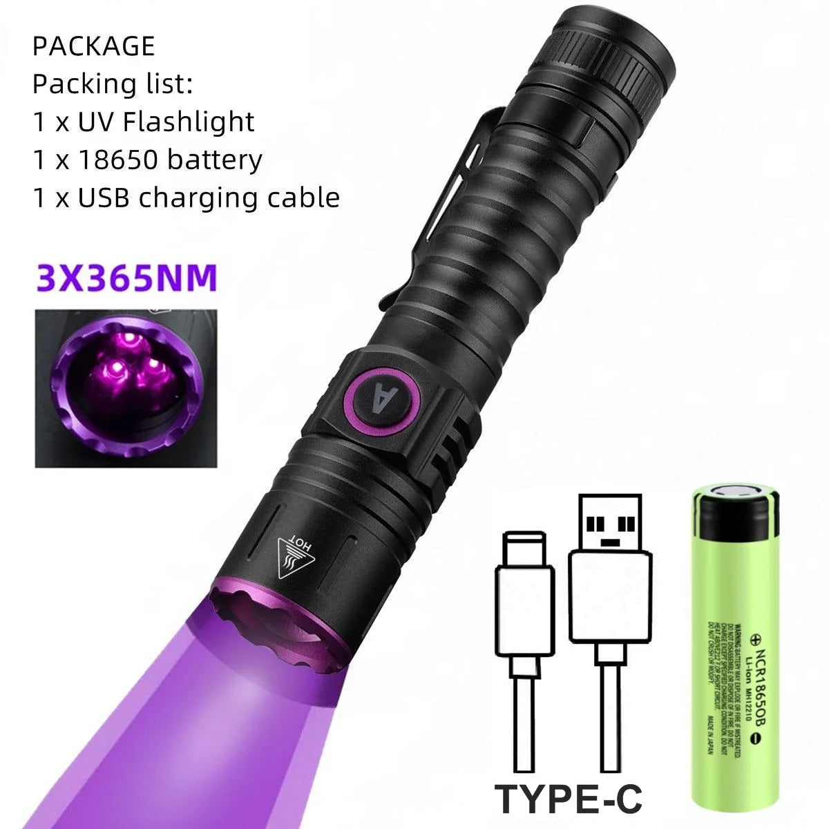 15W 365nm High Power UV Flashlight Ultraviolet Blacklight Detector Pet Urine Dry Stains Bed Bug Scorpions Fluorescence Light
