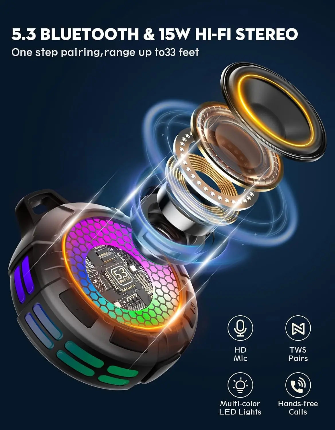 Ortizan IPX7 Waterproof Bluetooth Shower Speaker — 15W HD Sound, RGB Lights, 10Hr Battery