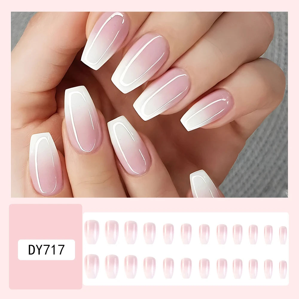 Glossy Pink Ballerina Press On Nails — 24Pcs Pink Gradient False Nails
