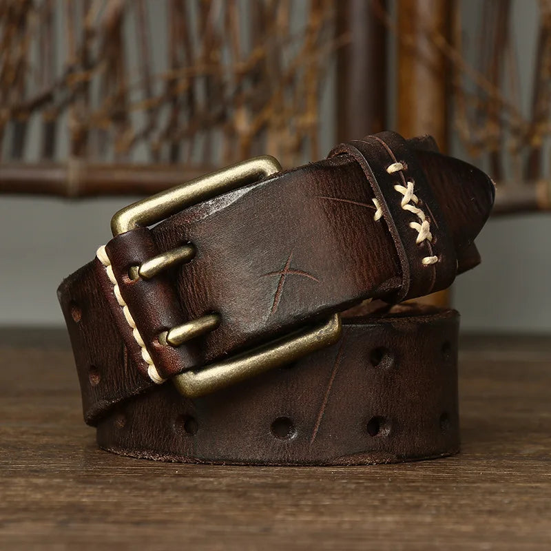 Men's Leather Double Needle Buckle Classic Tow Row Hole Jeans Belt Cowboy Hollowed Out Waistband Width:3.8cm Length:105-125cm