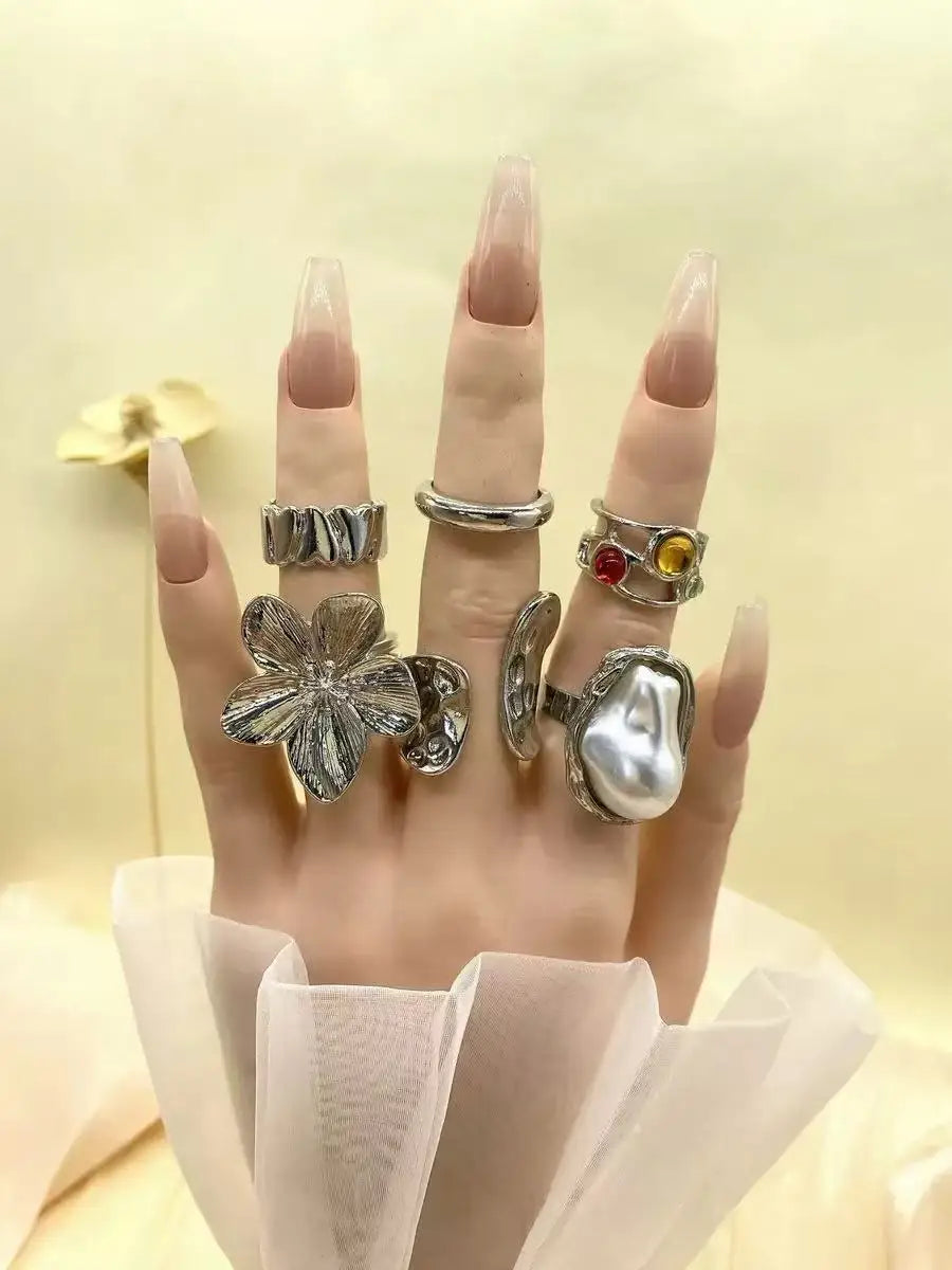 15-Piece Punk Geometric Open Ring Set – Chunky Silver Hip Hop Rings