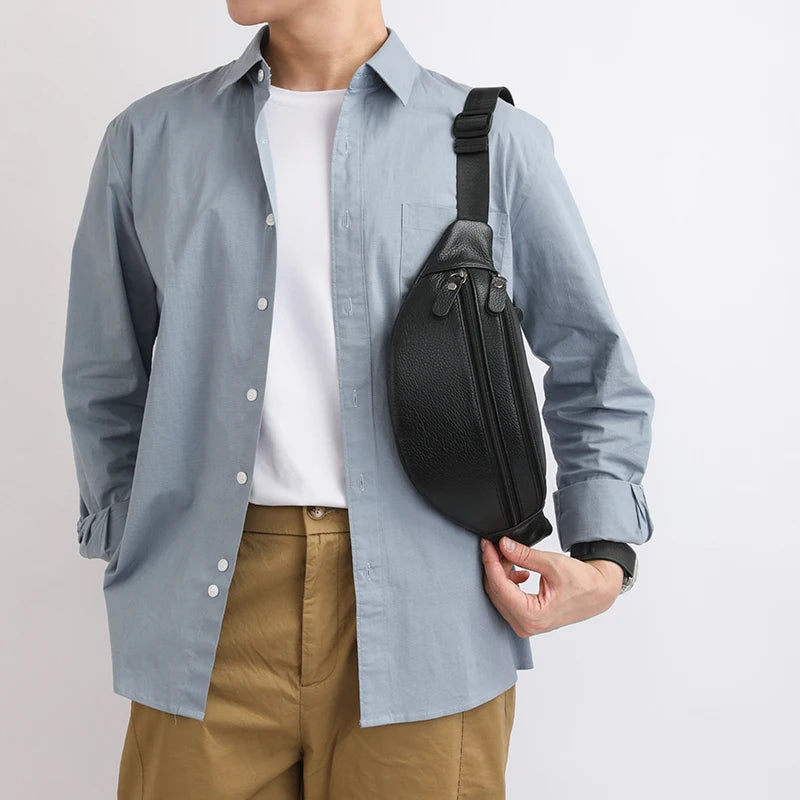 Minimalist Genuine Leather Waist Bag — Unisex Vintage Pebbled Crossbody Chest Pack