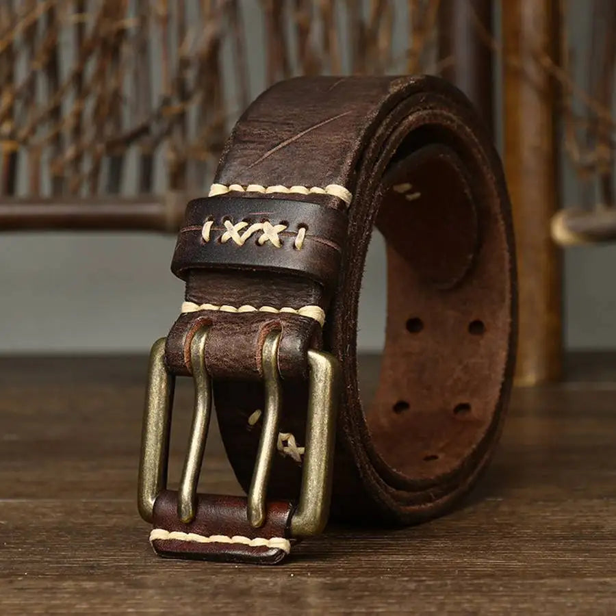 Men's Leather Double Needle Buckle Classic Tow Row Hole Jeans Belt Cowboy Hollowed Out Waistband Width:3.8cm Length:105-125cm