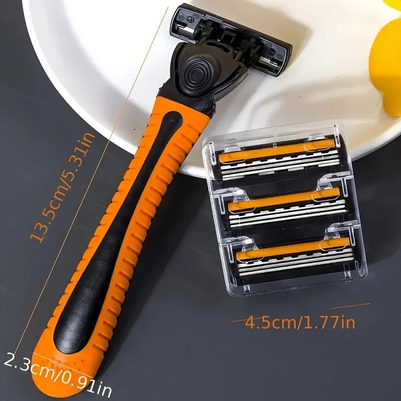 Men's 3-Blade Manual Razor with Non-Slip Handle – Multiple Blade Bundle Options for Beard & Mustache Trimming
