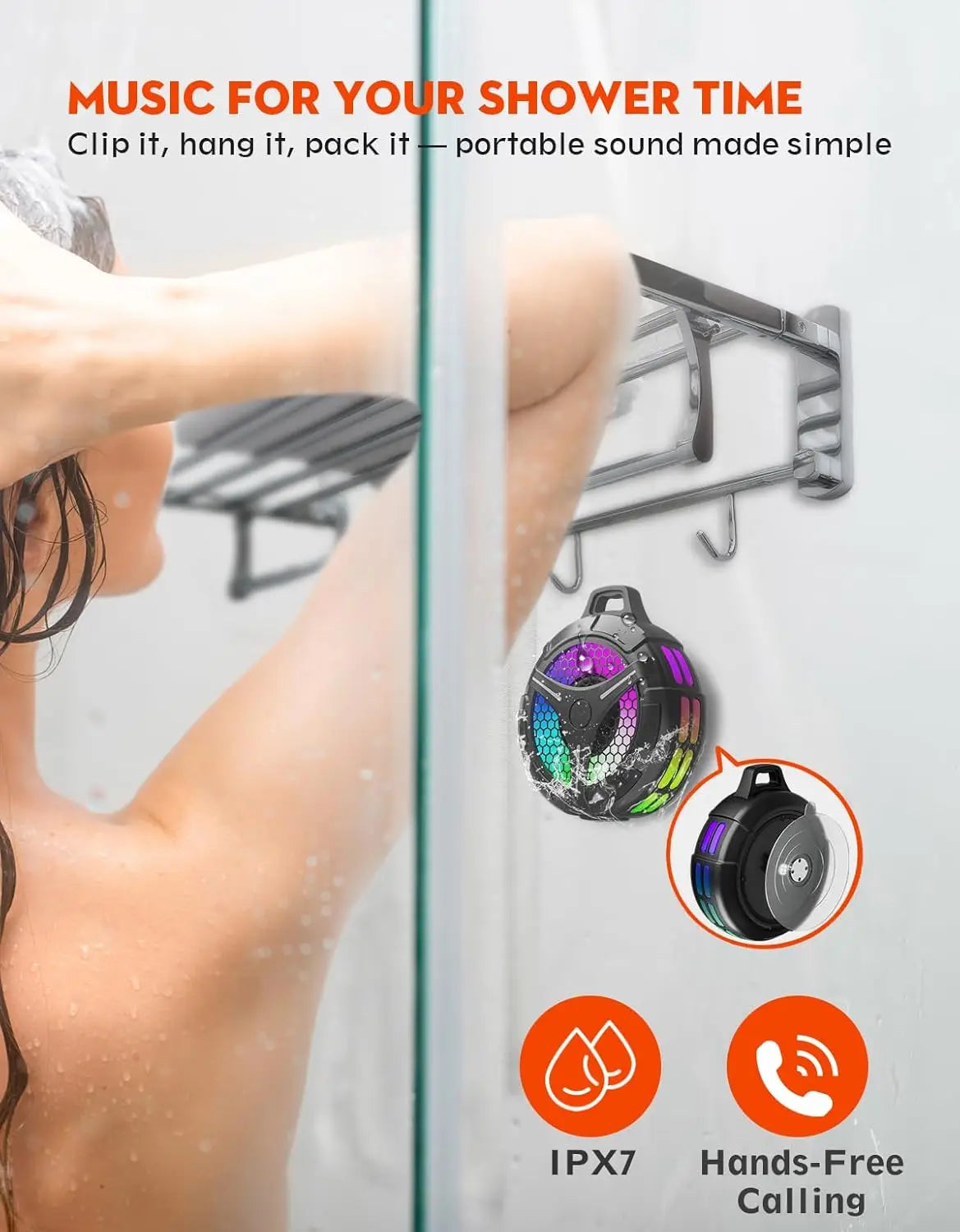 Ortizan IPX7 Waterproof Bluetooth Shower Speaker — 15W HD Sound, RGB Lights, 10Hr Battery