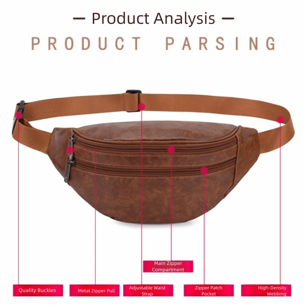 Retro Vintage Men's PU Leather Waist Bag — Multi-Pocket Fanny Pack & Crossbody Chest Bag