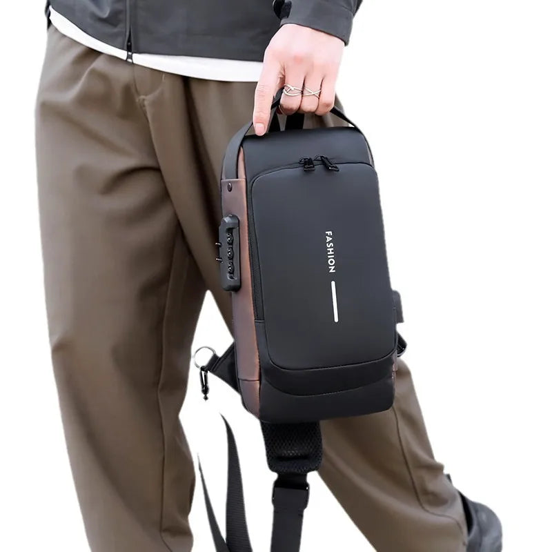 Men's Anti-Theft Chest Bag — Password Lock, USB Port & Waterproof Crossbody Sling