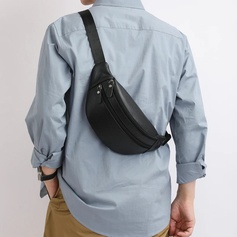 Minimalist Genuine Leather Waist Bag — Unisex Vintage Pebbled Crossbody Chest Pack