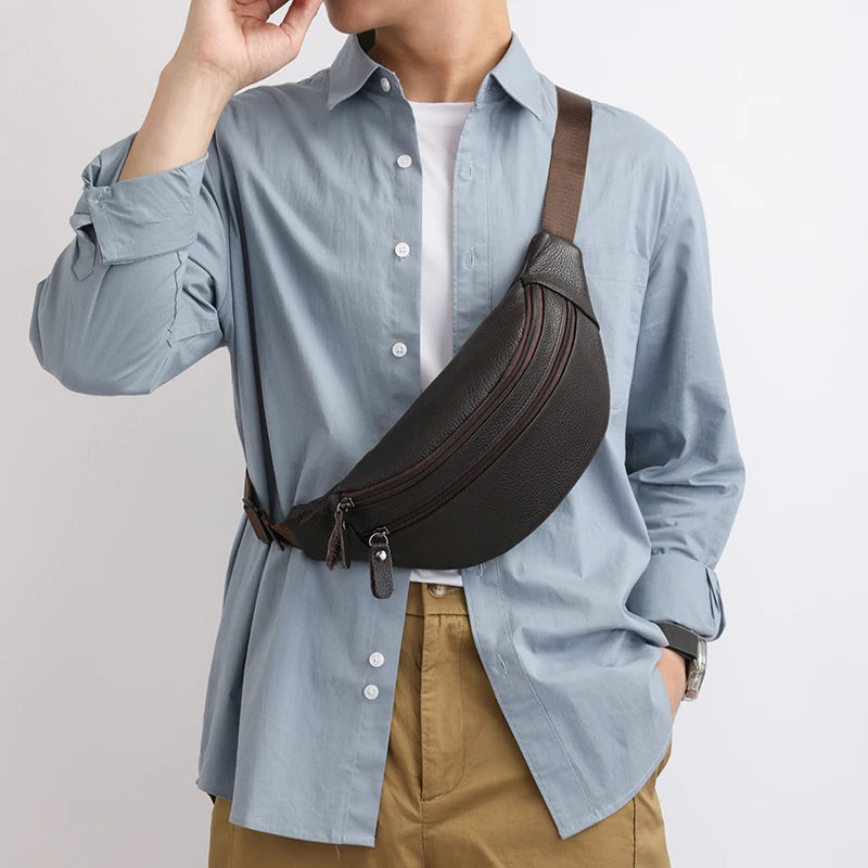 Minimalist Genuine Leather Waist Bag — Unisex Vintage Pebbled Crossbody Chest Pack