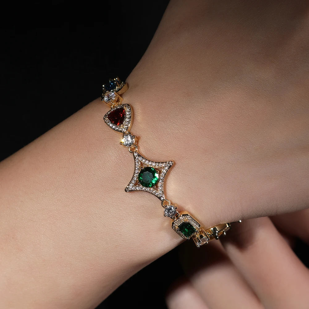 THE BLING KING Women Rainbow Necklace Iced Out Multi Color Triangle Round Rectangle Gemstoms Bracelet HipHop Jewelry For Gift