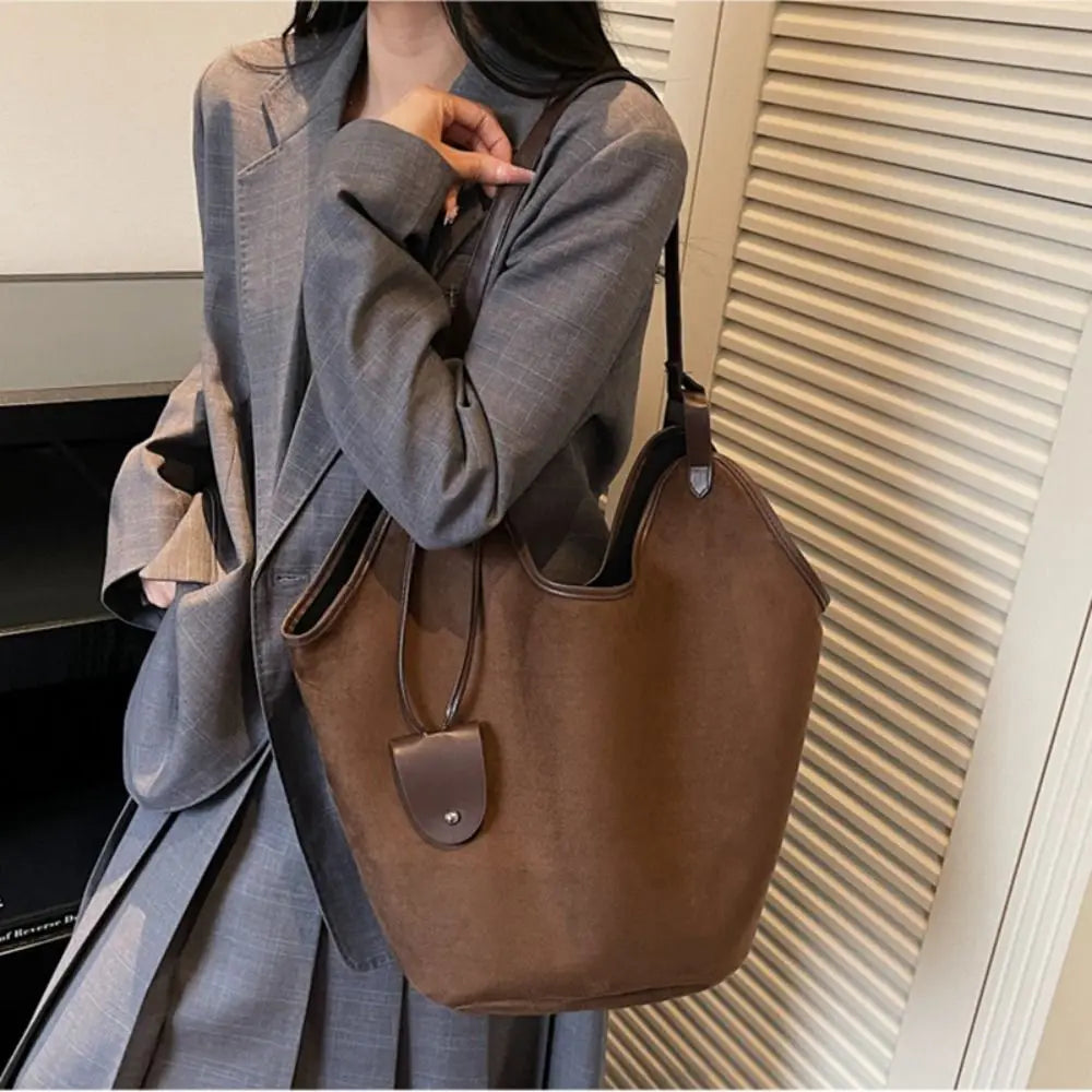Women's Large Capacity Suede Shoulder Bag — Retro Korean Style Tote Handbag