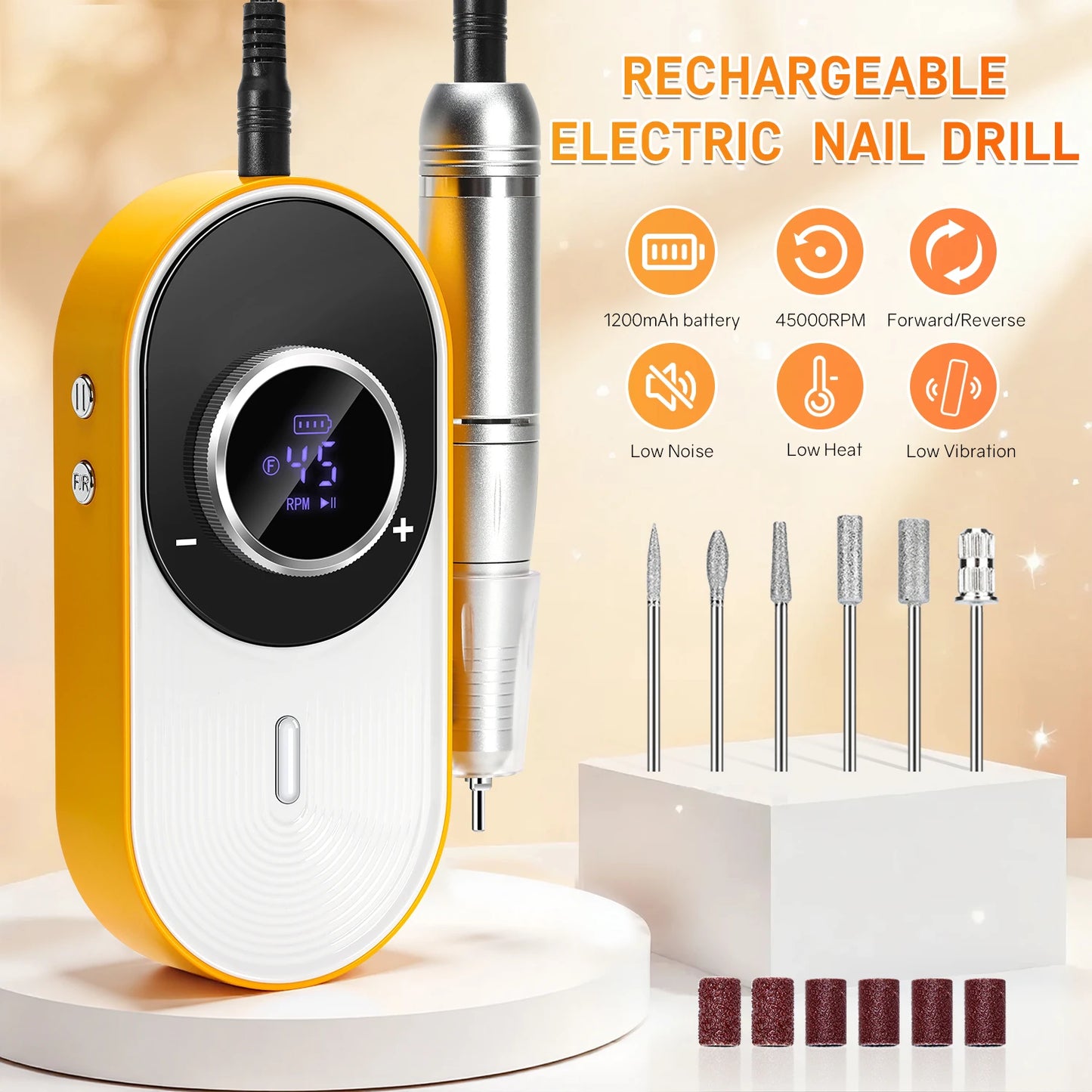 Rechargeable Electric Nail Drill: 45000 RPM, 8-Hour Battery, HD LCD Screen - Professional Salon-Grade Nail Filing & Removal
