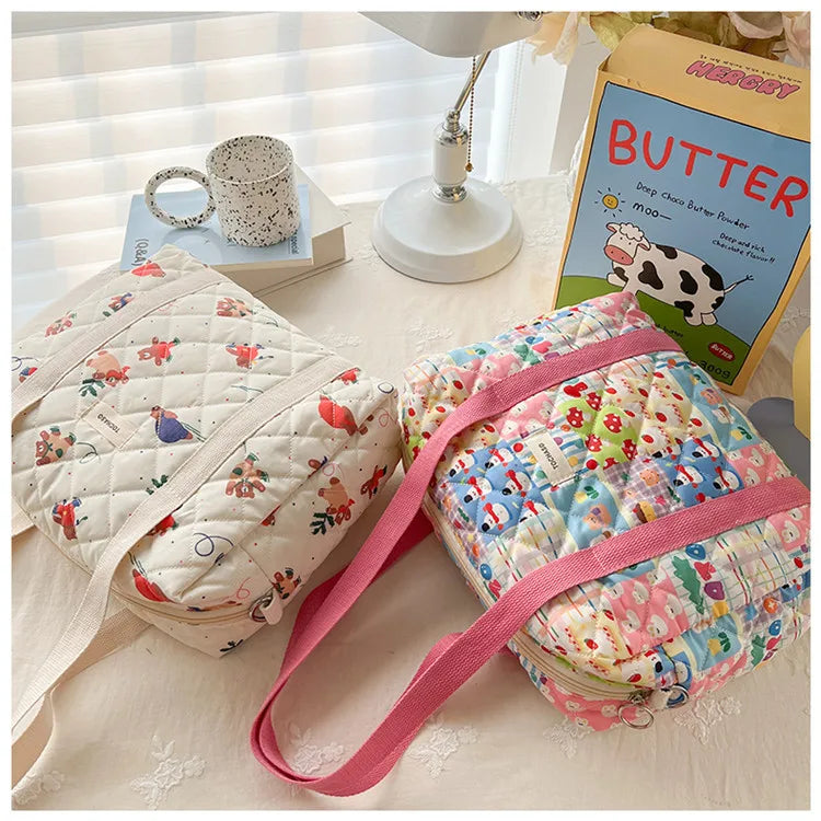 Women's Floral Quilted Shoulder Bag — Large Capacity Cotton Linen Tote