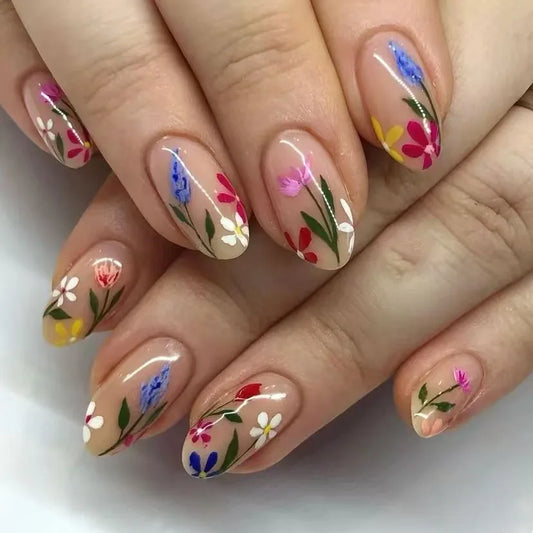 Floral Press On Nails — 24Pcs Short Oval Flower Design