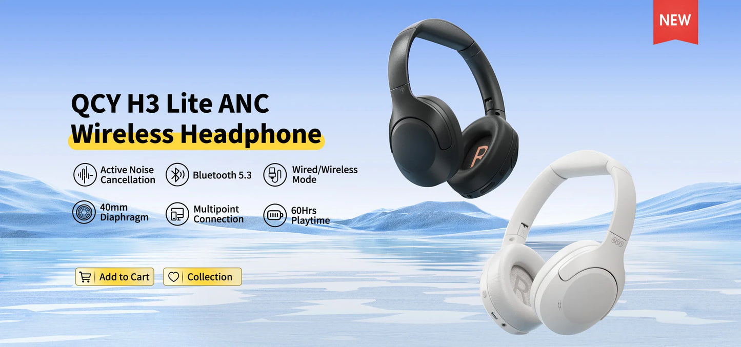 QCY H3 Lite ANC Wireless Headphones — Bluetooth 5.3, 60H Battery, Active Noise Cancelling