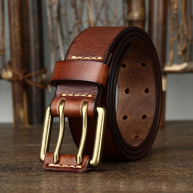 Men's Leather Double Needle Buckle Classic Tow Row Hole Jeans Belt Cowboy Hollowed Out Waistband Width:3.8cm Length:105-125cm