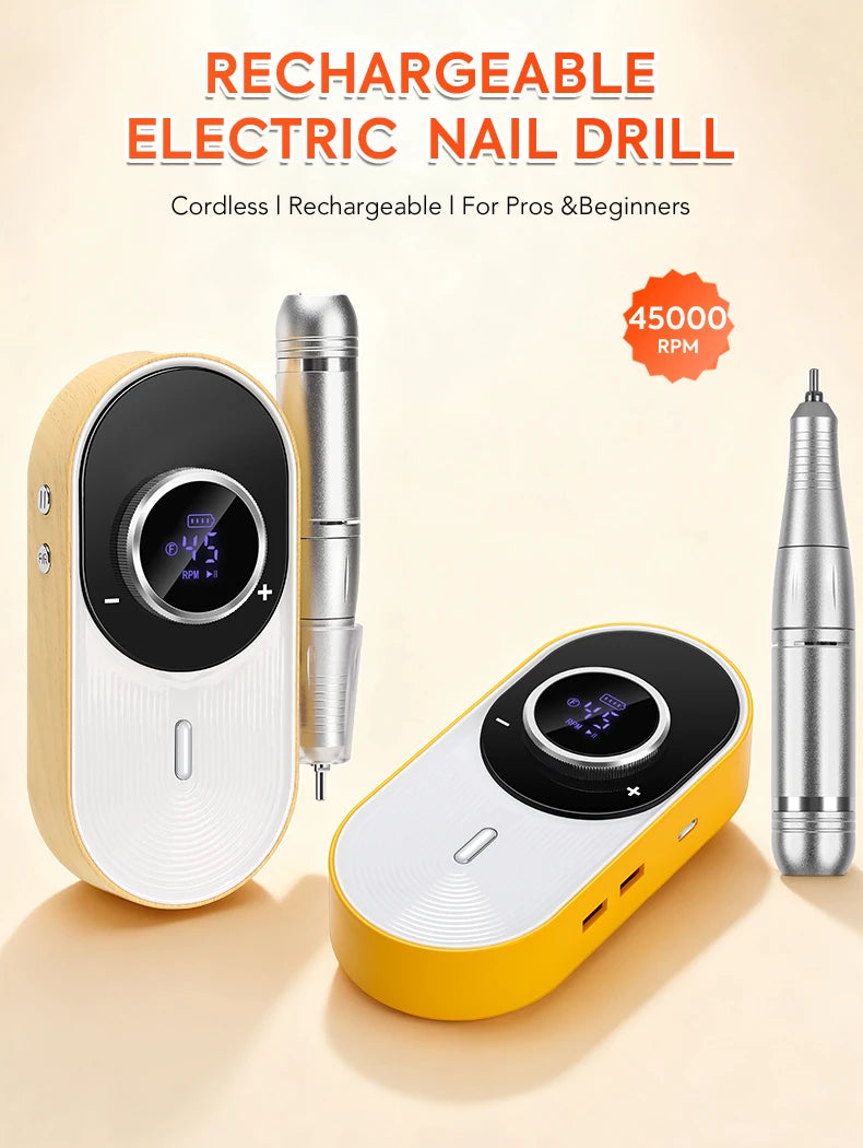 Rechargeable Electric Nail Drill: 45000 RPM, 8-Hour Battery, HD LCD Screen - Professional Salon-Grade Nail Filing & Removal