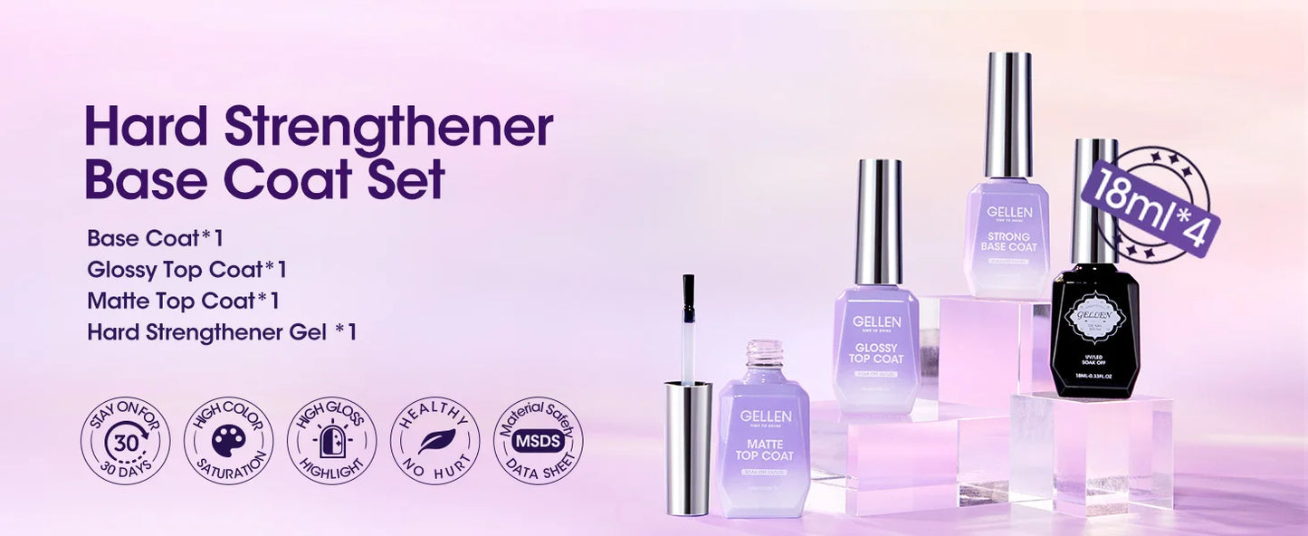 GELLEN Professional Gel Nail Set — 18ml 4-Piece Base Coat, Top Coat & Strengthener Kit for Long-Lasting Manicures