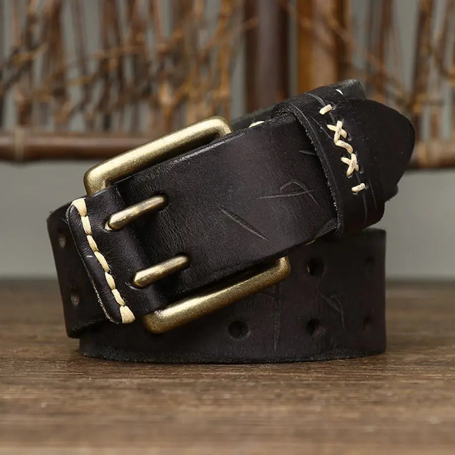 Men's Leather Double Needle Buckle Classic Tow Row Hole Jeans Belt Cowboy Hollowed Out Waistband Width:3.8cm Length:105-125cm