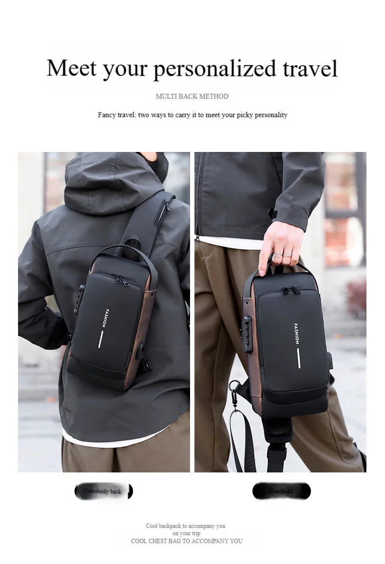 Men's Anti-Theft Chest Bag — Password Lock, USB Port & Waterproof Crossbody Sling