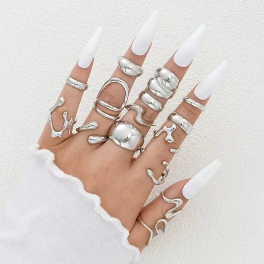 15-Piece Punk Geometric Open Ring Set – Chunky Silver Hip Hop Rings