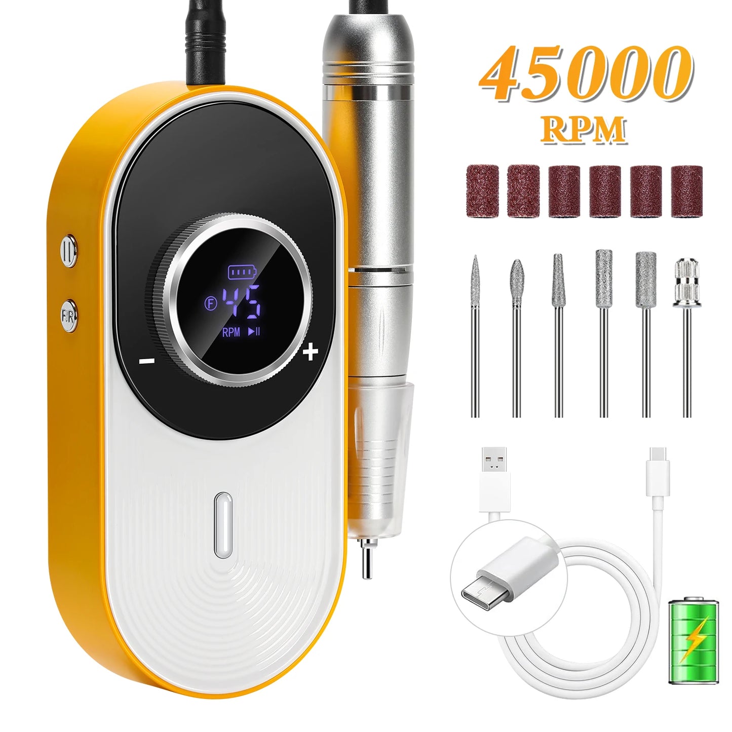 Rechargeable Electric Nail Drill: 45000 RPM, 8-Hour Battery, HD LCD Screen - Professional Salon-Grade Nail Filing & Removal
