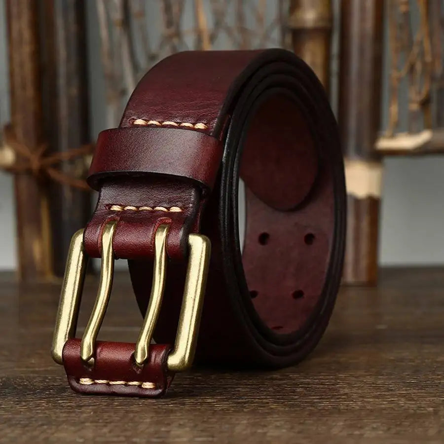 Men's Leather Double Needle Buckle Classic Tow Row Hole Jeans Belt Cowboy Hollowed Out Waistband Width:3.8cm Length:105-125cm