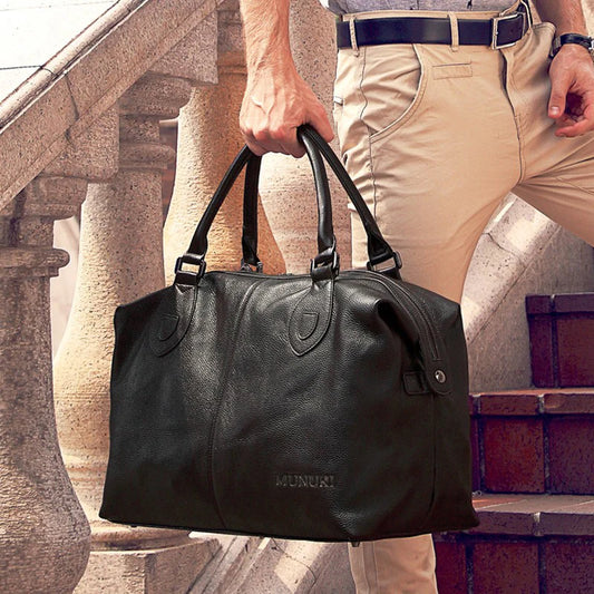 FANCODI Genuine Leather Travel Duffle Bag – Men's Large Weekend Bag with Shoulder Strap | Black & Brown