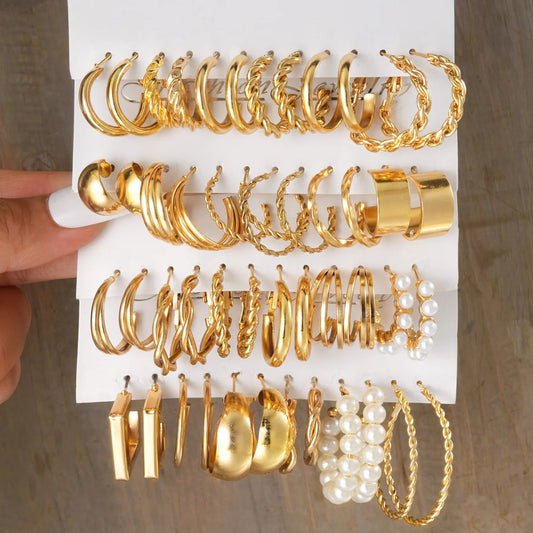 24-Piece Bohemian Earrings Set for Women – Gold Vintage Pearl Geometric Hoop Jewelry Collection
