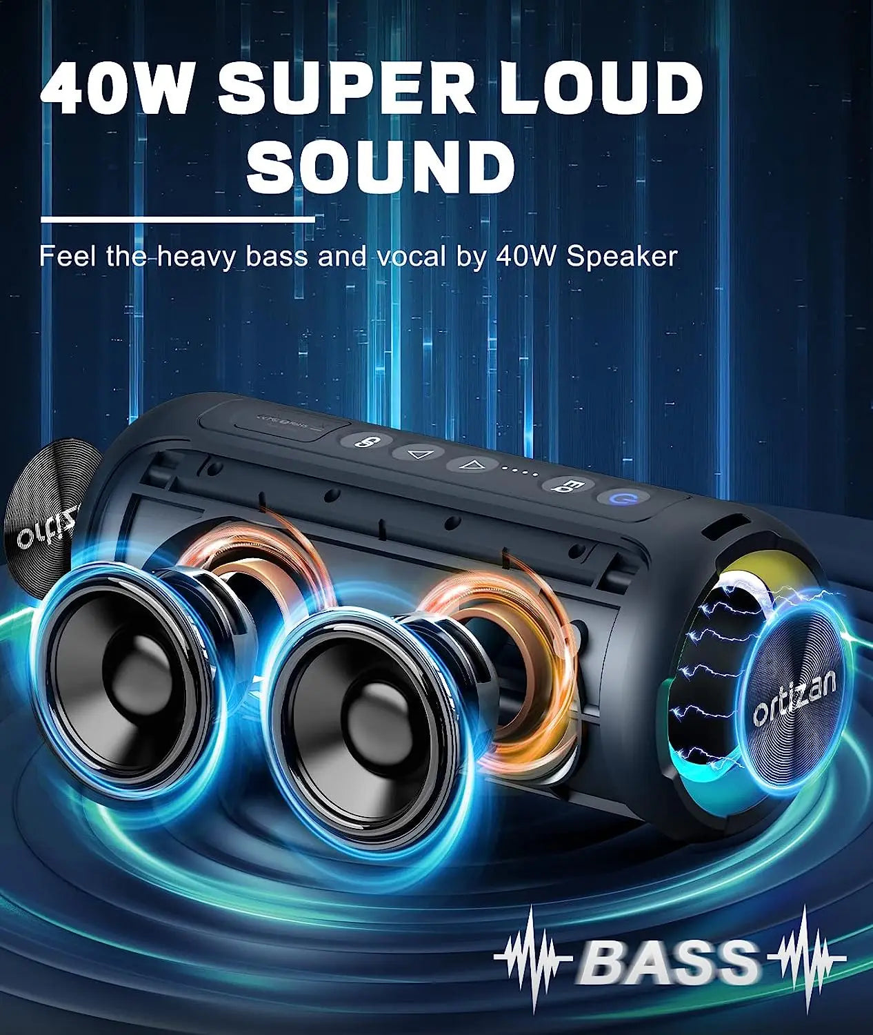 Ortizan 40W Portable Bluetooth Speaker — IPX7 Waterproof, Bass Subwoofer, TF/AUX/TWS