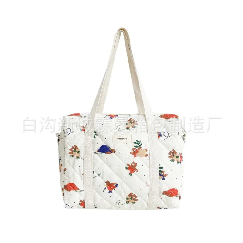 Women's Floral Quilted Shoulder Bag — Large Capacity Cotton Linen Tote