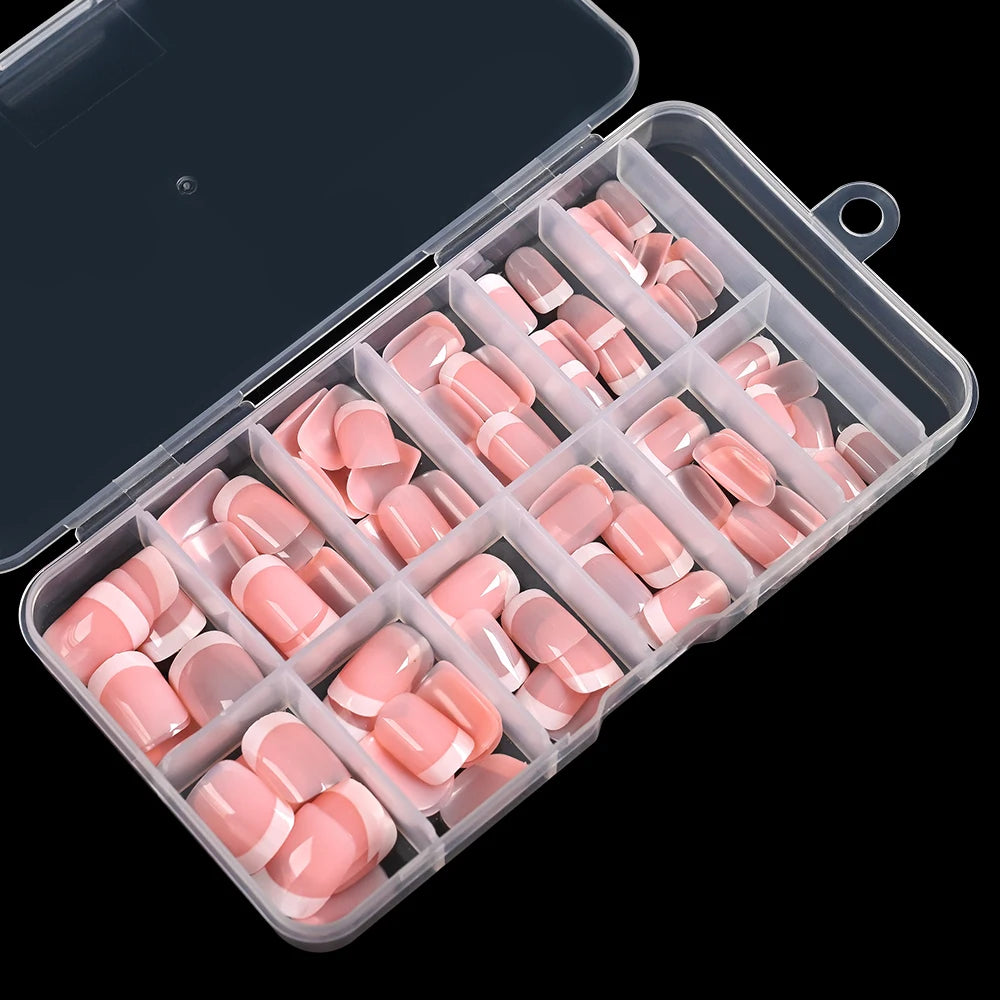 Pink French Square Press On Nails — 120pcs Glossy Full Cover False Nails