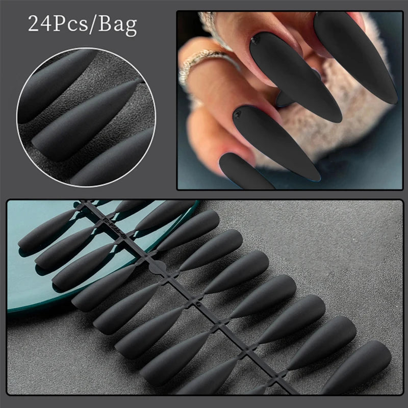 Frosted Almond & Coffin Press On Nails — 24Pcs Full Cover Nail Tips
