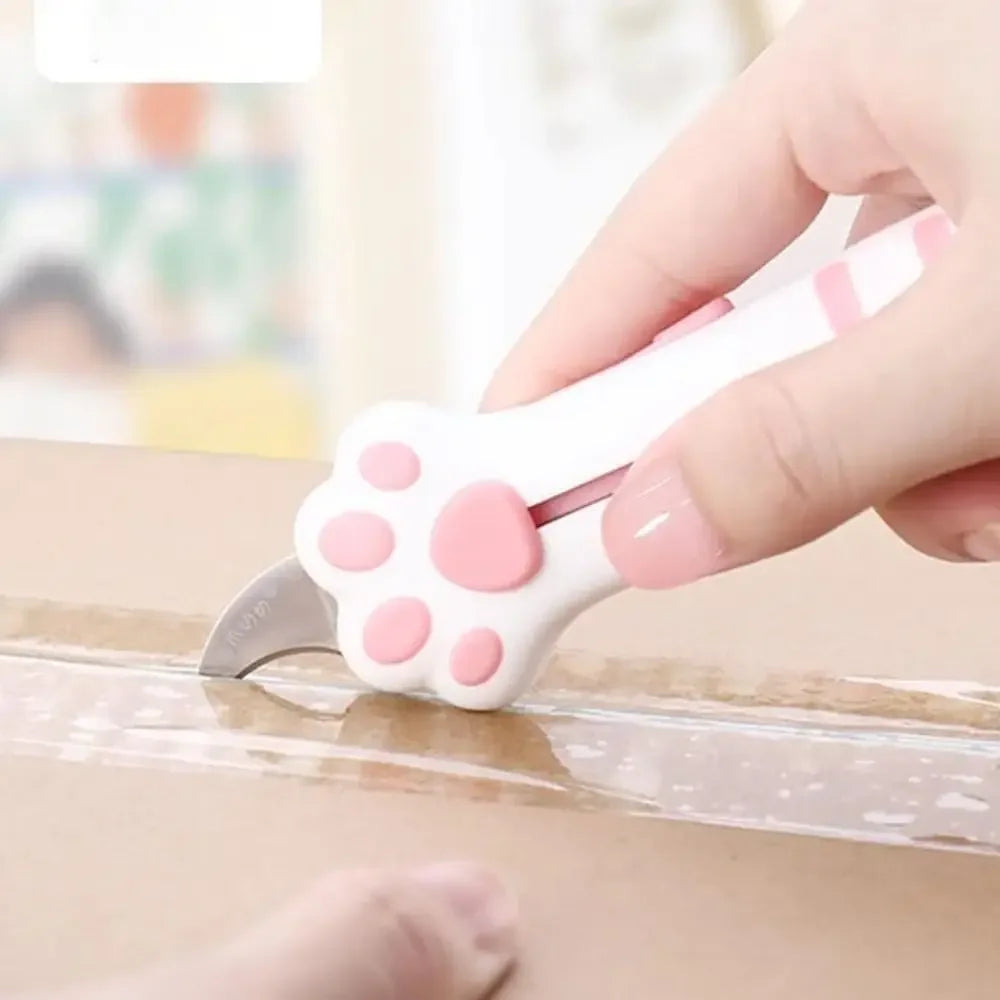 Cute Cat Paw Box Cutter – Retractable Cartoon Utility Knife for School, Office & Paper Cutting | Pink, Blue & Black